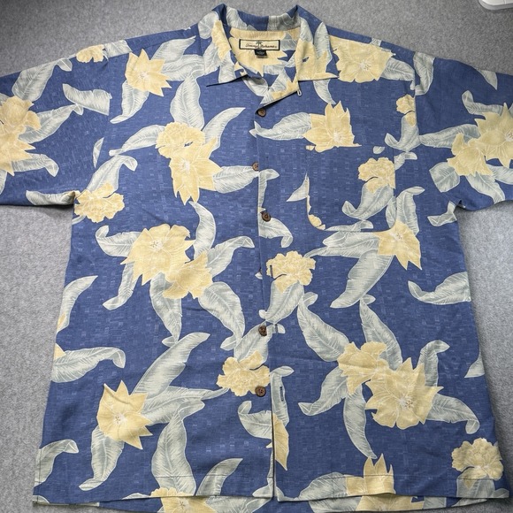 Tommy Bahama 100% Silk Hawaiian Shirt M Blue Yellow Floral Camp Button Front - Picture 2 of 10